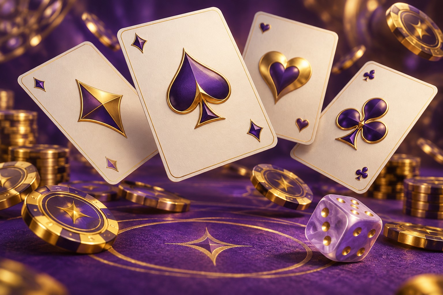 Premium playing cards and golden chips in a cinematic game space