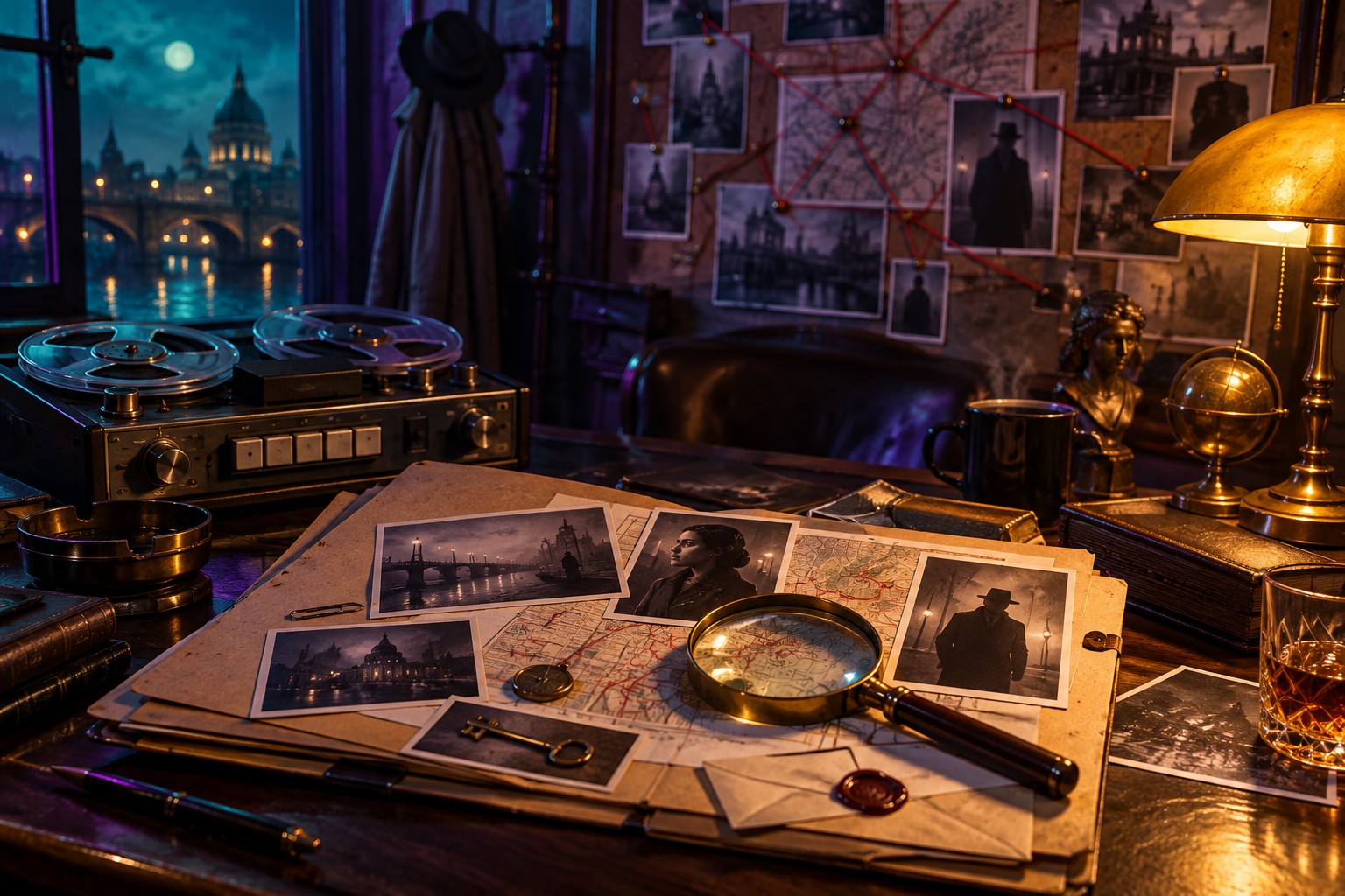 Moody investigation desk with photographs, evidence and a magnifying glass