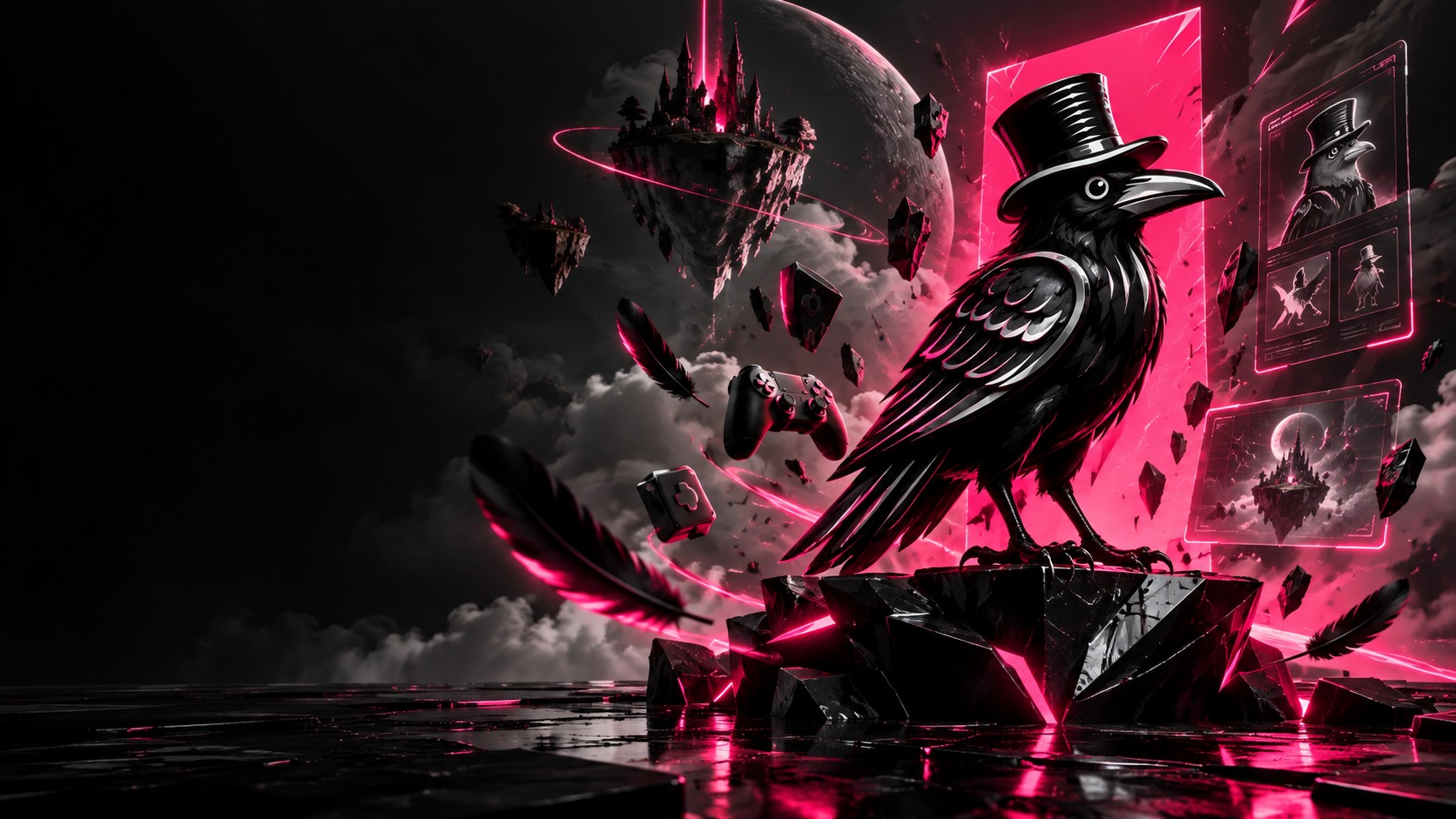 The RAAF raven in a black top hat, lit by a sharp pink light