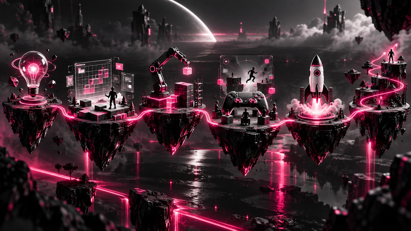 Floating platforms connected as a game progression path